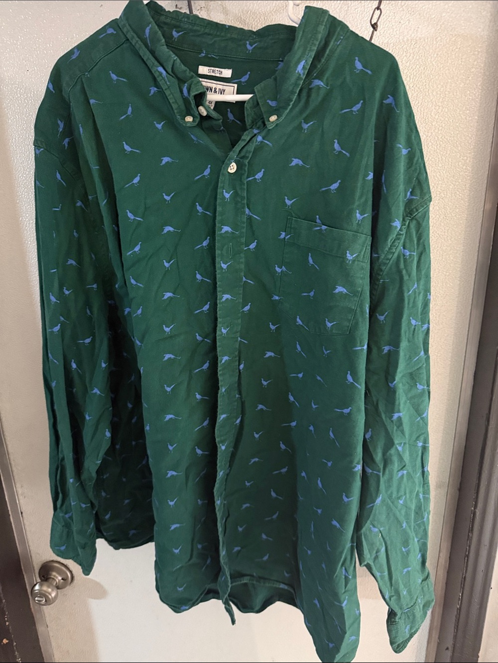 crown & ivy Green Button-Front Shirt with Blue Bird Motif